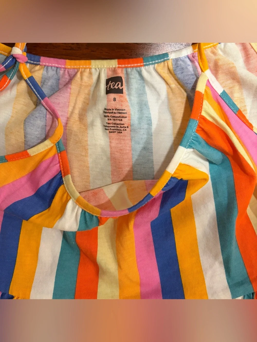 Tea Collection Girls Lamu Sunset Stripe Tiered Tie Shoulder Dress Size 8